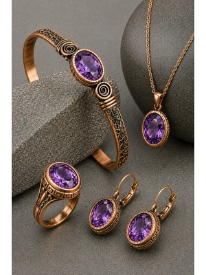 İyyakee Mor Ametist Taşlı Takı Seti Kolye Bileklik Küpe Yüzük Antik Bakır Şık Kadın Set