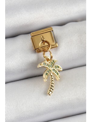 Skygo 316L Çelik Sallantılı Zirkon Taşlı Palmiye Ağacı Model Gold Renk Nomination Charm TJ-BC1398