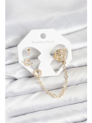 Skygo Uzay Model Pirinç Gold Renk Zincir Bağlantılı Ear Cuff Küpe Seti TJ-BKP11546