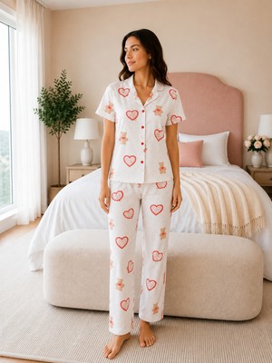Ebru Tesettür Dreams Kısa Kol Pijama Takım Ekru