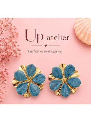 Up Atelier Sedefli Gold Detaylı Mavi Çiçek Küpe