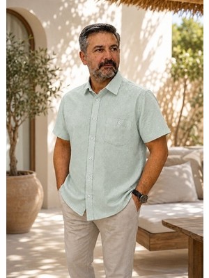 Erkek Keten Görünümlü Kısa Kollu Gömlek Rahat Kalıp Yazlık Nefes Alan Kumaş S-5xl
