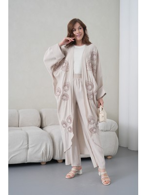 Miss Allos Kadın Önü Nakışlı Boncuk Işlemeli Keten Kimono Hırka ve Pantolon Alt Üst Takım
