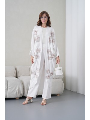 Miss Allos Kadın Önü Nakışlı Boncuk Işlemeli Keten Kimono Hırka ve Pantolon Alt Üst Takım