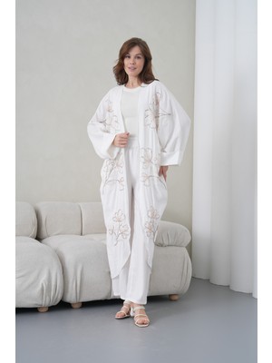 Miss Allos Kadın Önü Nakışlı Boncuk Işlemeli Keten Kimono Hırka ve Pantolon Alt Üst Takım