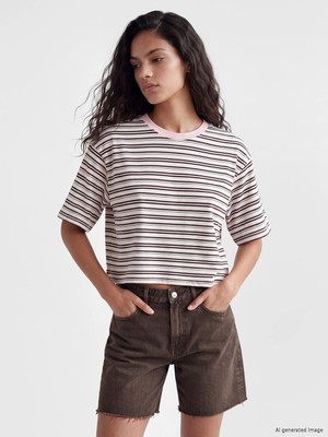 Lc Waikiki Yeni Sezon Çizgili Oversize %100 Pamuklu Kadın Tişört