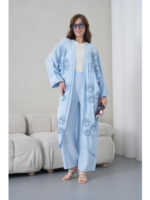 Miss Allos Kadın Önü Nakışlı Boncuk Işlemeli Keten Kimono Hırka ve Pantolon Alt Üst Takım