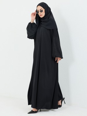 Kadeem Giyim Saye Dubai Şallı Kolu Taşlı Abaya Takım Siyah Taşlı - 1022