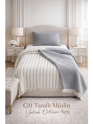 Veronica Line 8 Kat Tek Kişilik Müslin Çift Yönlü Yatak Örtüsü + Yastık Kılıfı Set 170X230