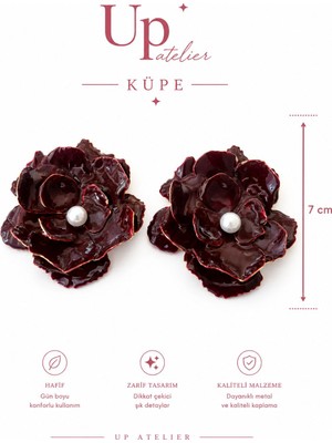 Up Atelier Parlak Incili Bordo Çiçek Küpe