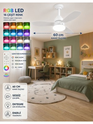 Hoogar German New White Super Fan 60 cm Kalın Kanat Dim Ayarlı Tavan Vantilatörü Rgb LED 16 Renk Sessiz Sinek Kovar