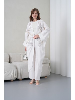 Miss Allos Kadın Önü Nakışlı Boncuk Işlemeli Keten Kimono Hırka ve Pantolon Alt Üst Takım