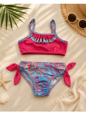 KR Kids Kız Çocuk Bağlamalı Bikini Takımı Tropikal Desenli Fırfır Detaylı Mayo Takımı