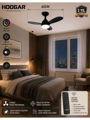 Hoogar German New Black Super Fan 60 cm Kalın Kanat Dim Ayarlı Tavan Vantilatörü Rgb LED 16 Renk Sessiz Sinek Kovar