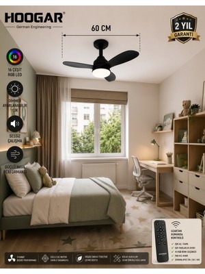 Hoogar German New Black Super Fan 60 cm Kalın Kanat Dim Ayarlı Tavan Vantilatörü Rgb LED 16 Renk Sessiz Sinek Kovar