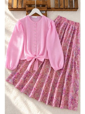 Trendparis Desenli Etek Bluz Ikili Takım Pembe