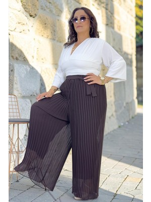 Beli Lastikli Kuşak Detaylı Astarlı Piliseli Geniş Paça Büyük Beden Şifon Pantolon Etek