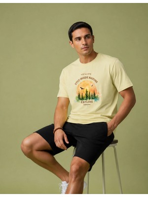 Organickid Basic Erkek Bisiklet Yaka Baskılı Bej T-Shirt