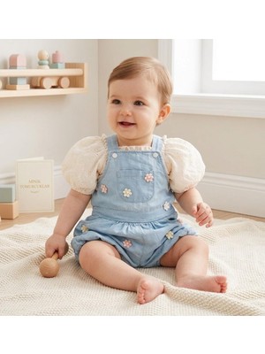 Caramell Noynoy Papatya Nakışlı Kot Salopet Tulum ve Bluz Set