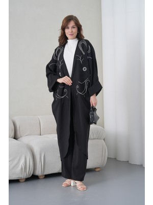 Miss Allos Kadın Önü Nakışlı Boncuk Işlemeli Keten Kimono Hırka ve Pantolon Alt Üst Takım
