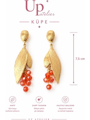Up Atelier Özel Tasarım Gold Yapraklı Turuncu Boncuklu Sallanan Küpe