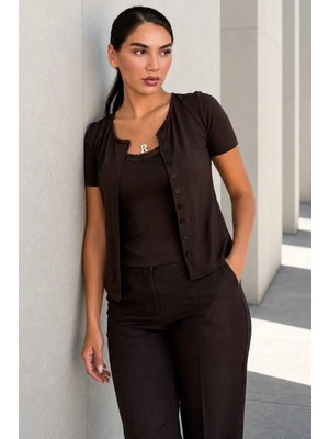 Madmext Acı Kahve Dantel Detaylı Slim Fit Kısa Kol Kadın Hırka MG2710