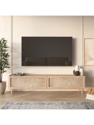 Robin Home Arizona Tv Ünitesi Sehpası Ahşap Ayaklı Ahşap Jüt Kapaklı 180CM Sepet-Jüt