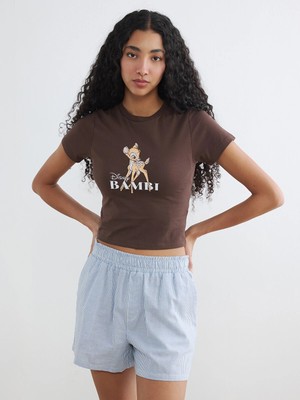 Lc Waikiki Yeni Sezon Bisiklet Yaka Bambi Baskılı Kadın Crop