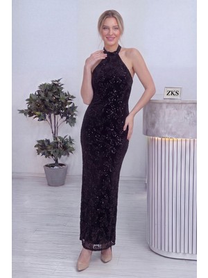 thezkscom Kadın Abiye Halter Yaka Maxi Boy Işlemeli Şık Elbise Siyah