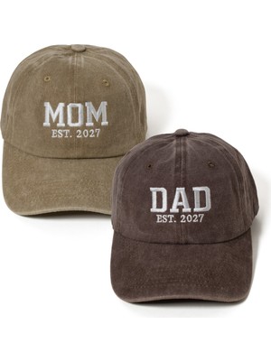 Nome Studio Nakışlı 2027 Bej-Kahve Mom Dad Şapka 2li Paket Anne Baba Yıkamalı Kumaşlı Şapka Pamuklu Ayarlı