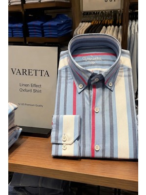 Varetta Erkek Mavi Çizgili Gömlek Uzun Kollu Cepsiz Oxford Geniş Kesim