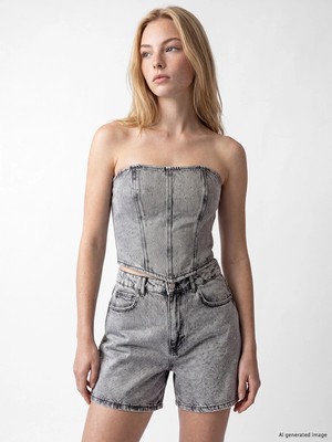 Lc Waikiki Yeni Sezon Straplez Yaka Taşlı Crop Jean Bluz