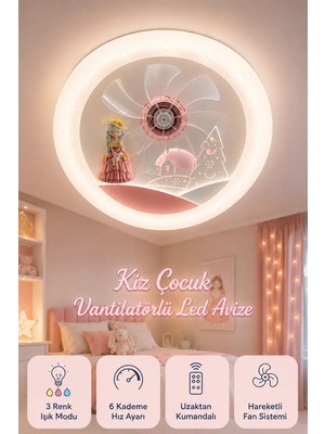 Mars Concept Kız Çocuk Odası Vantilatörlü LED Tavan Avizesi │ Pembe Prenses Temalı Kumandalı 3 Renk 50CM