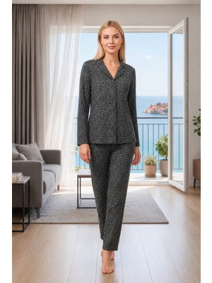 Kadın Viskon Leopar Desenli Boydan Düğmeli Pijama Takımı | Çok Satan Şık ve Zarif Model 79-140