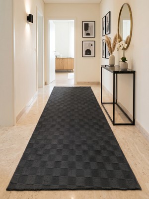 My Evilla Kare Desenli Antrasit Salon Antre Çocuk Odası Kaymaz Taban Modern Dekoratif Halı