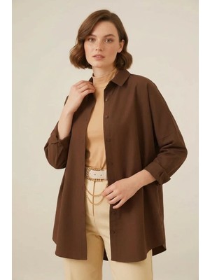 Kadın Oversize Kesim Basic Pamuklu Kahverengi Tesettür Gömlek