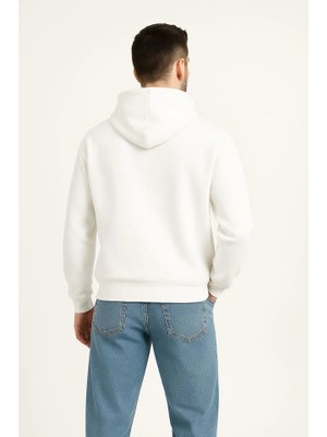Moda Loris Erkek Kapüşonlu Sweatshirt Hoodie 3 Iplik Şardonlu Pamuklu Kumaş, Önü Baskılı, Fermuarlı Rahat Kalıp, Kışlık ve Sokak Stili Sweat - Beyaz