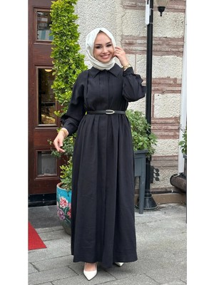 Nihle Kemer Detaylı Tencel Elbise - Siyah