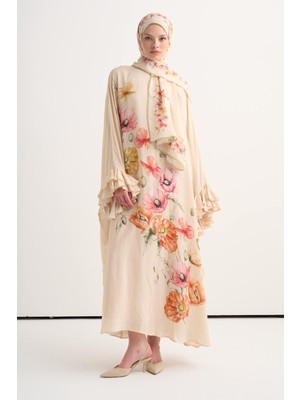 Carell Blime Floş Fırfır Detaylı Kaftan Bej
