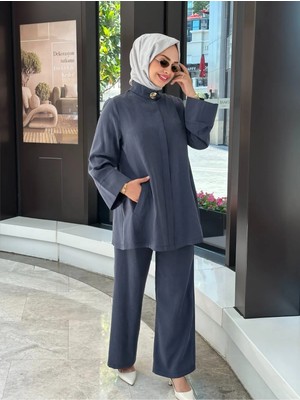 Nihle Düğme Detaylı Tencel Pantolonlu Takım - Indigo