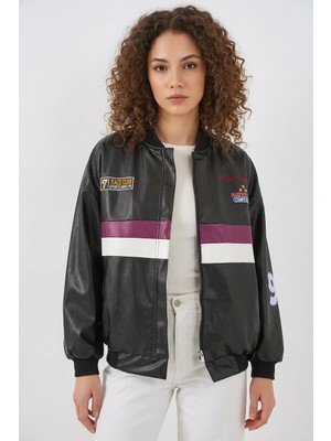0698 Baskılı Suni Deri Bomber Ceket - Bordo