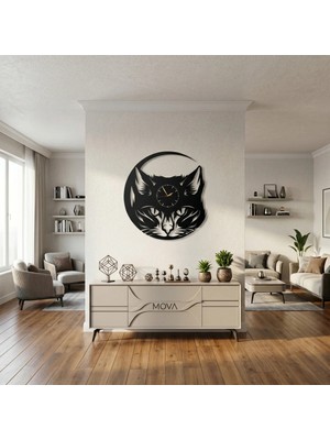 Mova Dizayn Modern Kedi Tasarımlı Metal Duvar Saati, 40 x 40 Cm, Siyah, Dekoratif Ev ve Ofis Aksesuarı