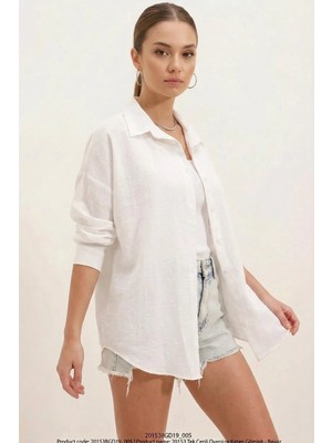 Kadın Oversize Tek Cepli Keten Beyaz Gömlek