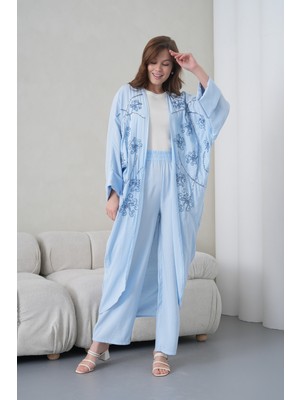 Miss Allos Kadın Önü Nakışlı Boncuk Işlemeli Keten Kimono Hırka ve Pantolon Alt Üst Takım