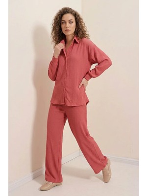 Kadın Gömlek Yaka Oversize Gül Kurusu Ikili Takım