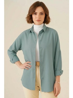 Kadın Oversize Basic Pamuklu Su Yeşili Tesettür Gömlek