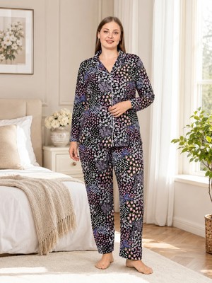 Büyük Beden Kadın Viskon Boydan Düğmeli Pijama Takımı 3xl-4xl-5xl-6xl | Yazlık Rahat Ev Giyim B79-90