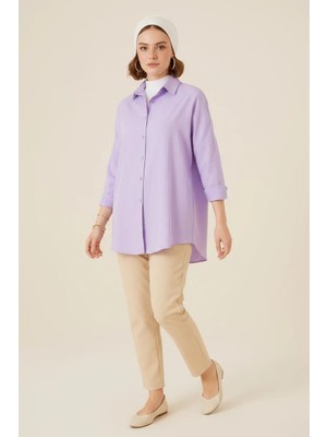 Kadın Oversize Kesim Basic Pamuklu Lila Tesettür Gömlek