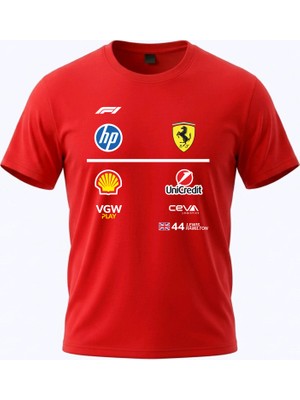 Yoho Sport Kırmızı Tişört Hamilton Ön ve Arka Baskılı %100 Pamuk Scuderi-A F-1 Takım Unisex T-Shirt