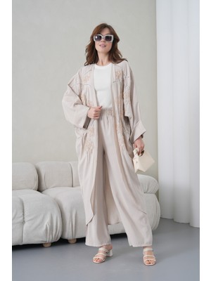 Miss Allos Kadın Önü Nakışlı Boncuk Işlemeli Keten Kimono Hırka ve Pantolon Alt Üst Takım